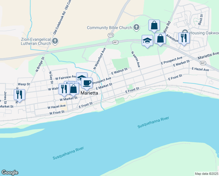 map of restaurants, bars, coffee shops, grocery stores, and more near 233 East Market Street in Marietta