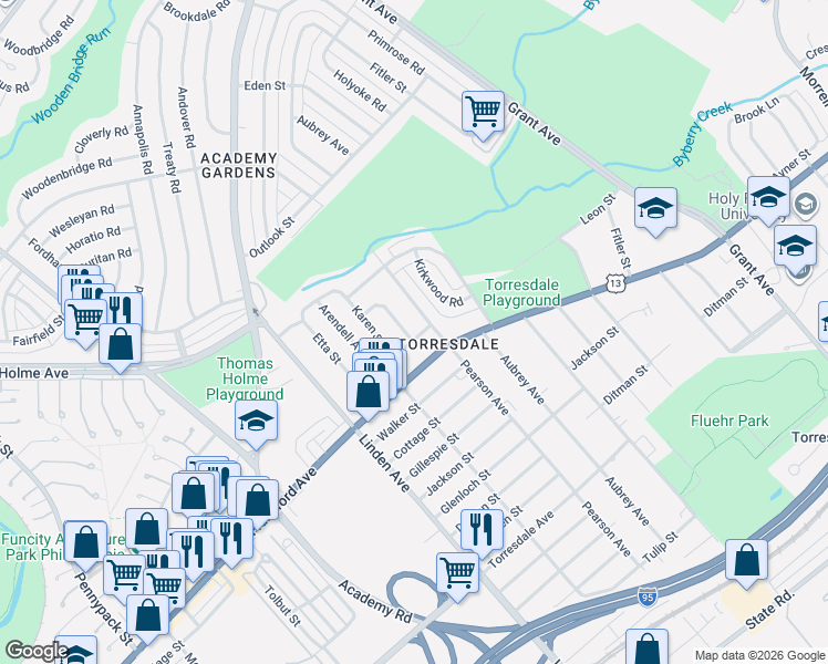 map of restaurants, bars, coffee shops, grocery stores, and more near 3828 Janice Street in Philadelphia