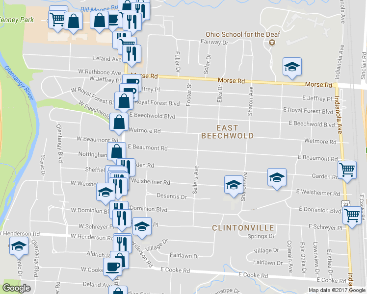 map of restaurants, bars, coffee shops, grocery stores, and more near 190 East Beaumont Road in Columbus