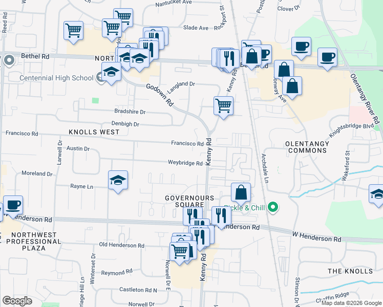map of restaurants, bars, coffee shops, grocery stores, and more near 1161 Francisco Road in Columbus