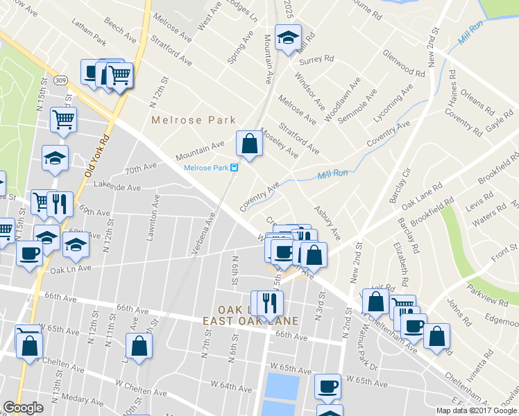 map of restaurants, bars, coffee shops, grocery stores, and more near 7224 Chestnut Avenue in Melrose Park