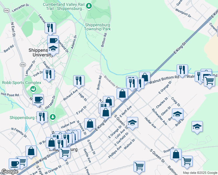 map of restaurants, bars, coffee shops, grocery stores, and more near 14 Kenneth Avenue in Shippensburg