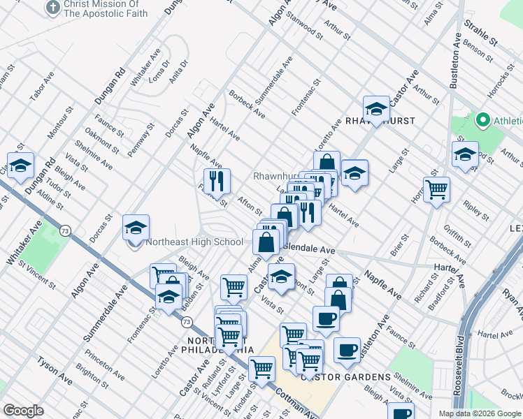 map of restaurants, bars, coffee shops, grocery stores, and more near 7638 Loretto Avenue in Philadelphia