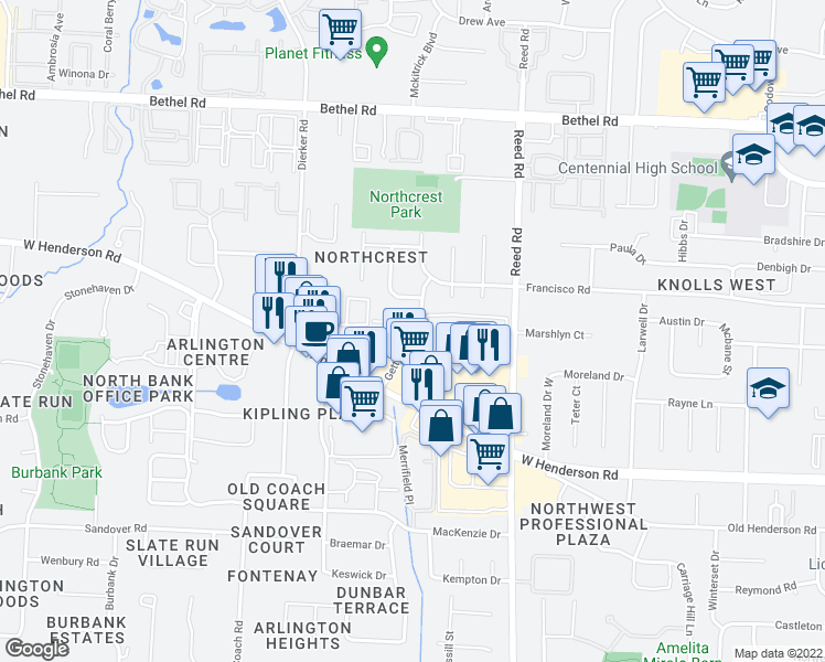 map of restaurants, bars, coffee shops, grocery stores, and more near Gettysburg Rd & Willoway Ct N in Columbus