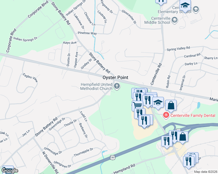 map of restaurants, bars, coffee shops, grocery stores, and more near 1606 Stony Battery Road in Lancaster
