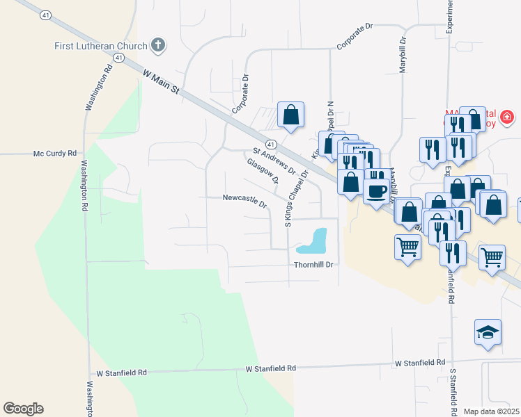 map of restaurants, bars, coffee shops, grocery stores, and more near 2502 Newcastle Drive in Troy