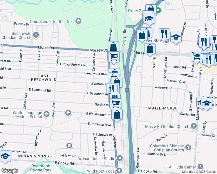 map of restaurants, bars, coffee shops, grocery stores, and more near 699 Wetmore Road in Columbus