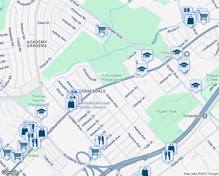 map of restaurants, bars, coffee shops, grocery stores, and more near 9517 Frankford Avenue in Philadelphia