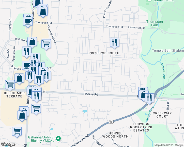 map of restaurants, bars, coffee shops, grocery stores, and more near 6189 Needletail Road in Columbus