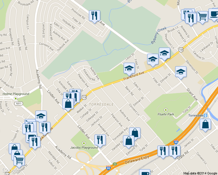 map of restaurants, bars, coffee shops, grocery stores, and more near 9517 Frankford Avenue in Philadelphia
