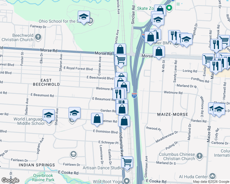 map of restaurants, bars, coffee shops, grocery stores, and more near 699 Wetmore Road in Columbus