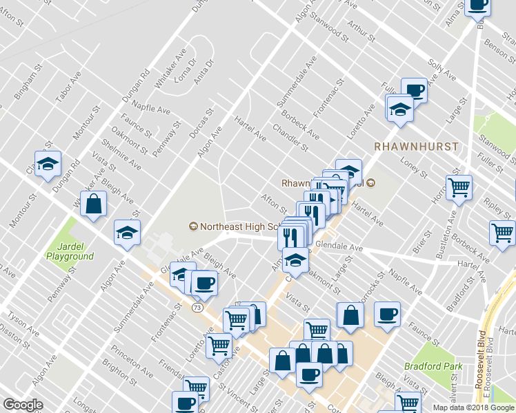 map of restaurants, bars, coffee shops, grocery stores, and more near 1807 Faunce Street in Philadelphia