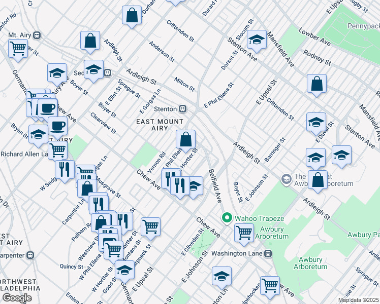 map of restaurants, bars, coffee shops, grocery stores, and more near 433 East Hortter Street in Philadelphia