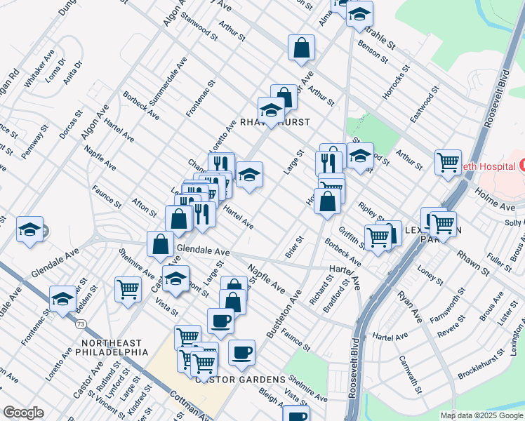 map of restaurants, bars, coffee shops, grocery stores, and more near 7831 Large Street in Philadelphia