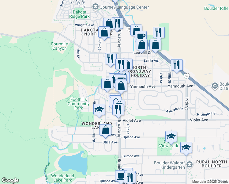 map of restaurants, bars, coffee shops, grocery stores, and more near 4571 Broadway in Boulder
