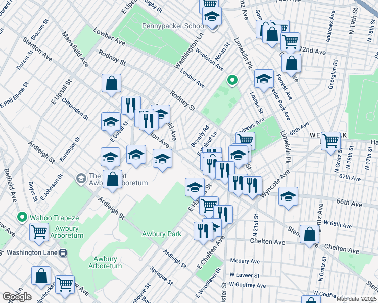 map of restaurants, bars, coffee shops, grocery stores, and more near 6724 Cornelius Street in Philadelphia