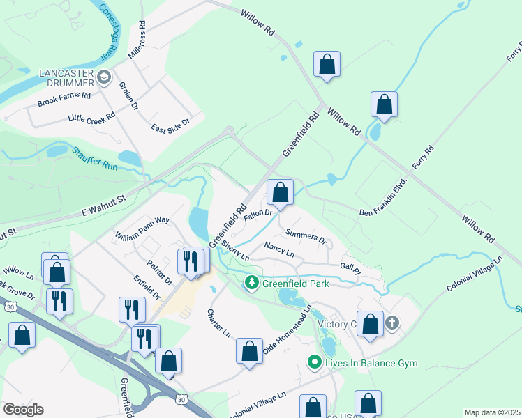 map of restaurants, bars, coffee shops, grocery stores, and more near 718 Fallon Drive in Lancaster