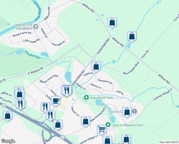 map of restaurants, bars, coffee shops, grocery stores, and more near 718 Fallon Drive in Lancaster