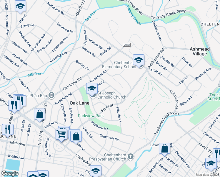 map of restaurants, bars, coffee shops, grocery stores, and more near 116 Andrea Rd in Cheltenham