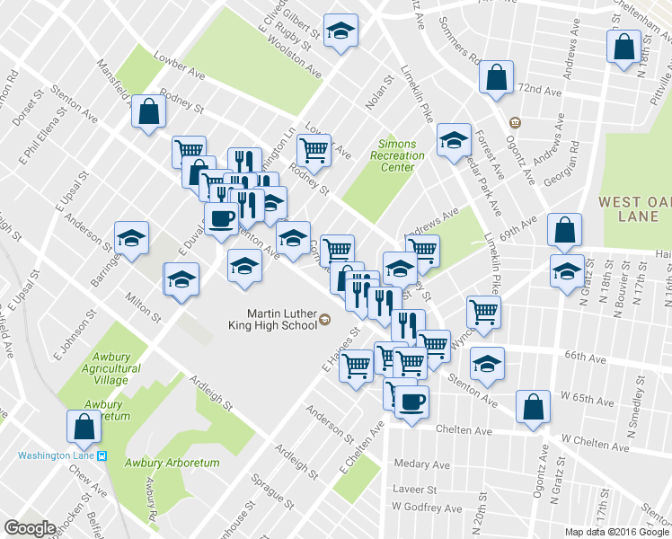 map of restaurants, bars, coffee shops, grocery stores, and more near 6705 Cornelius Street in Philadelphia