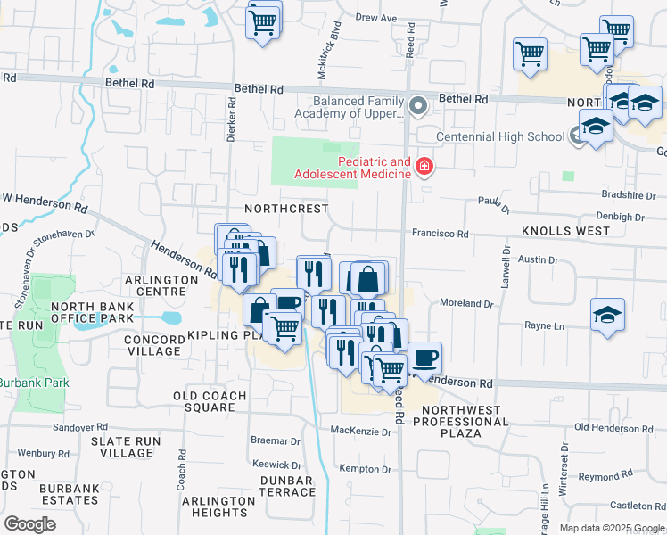 map of restaurants, bars, coffee shops, grocery stores, and more near 1933 Willoway Circle North in Columbus