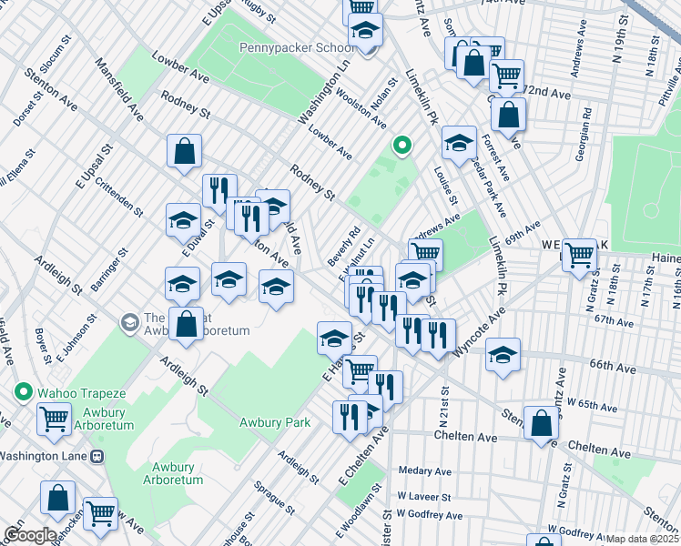 map of restaurants, bars, coffee shops, grocery stores, and more near 6705 Cornelius Street in Philadelphia