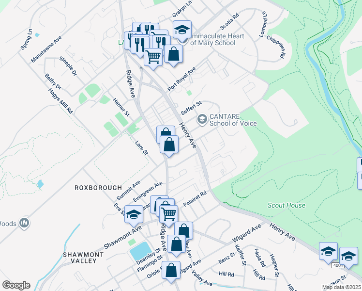 map of restaurants, bars, coffee shops, grocery stores, and more near 646 Summit Avenue in Philadelphia