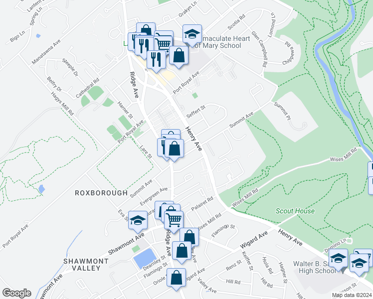 map of restaurants, bars, coffee shops, grocery stores, and more near 646 Summit Avenue in Philadelphia
