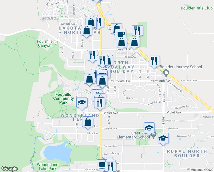 map of restaurants, bars, coffee shops, grocery stores, and more near 4570 13th Street in Boulder