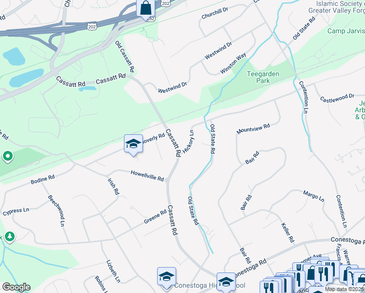 map of restaurants, bars, coffee shops, grocery stores, and more near 509 Cassatt Road in Berwyn