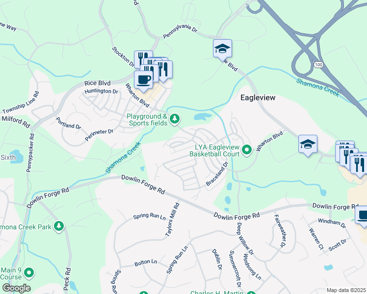 map of restaurants, bars, coffee shops, grocery stores, and more near 413 Vineyard Lane in Downingtown