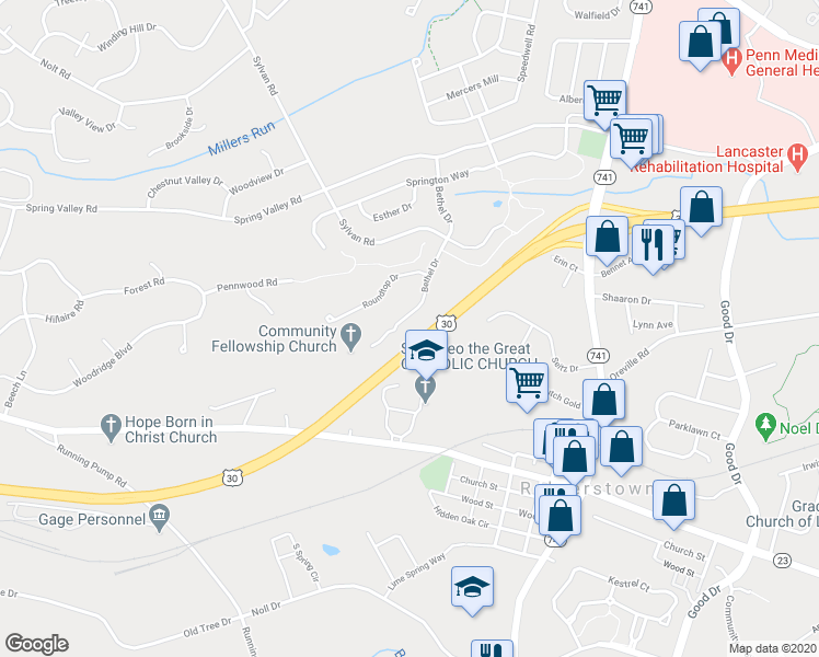 map of restaurants, bars, coffee shops, grocery stores, and more near 205 Bethel Drive in Lancaster