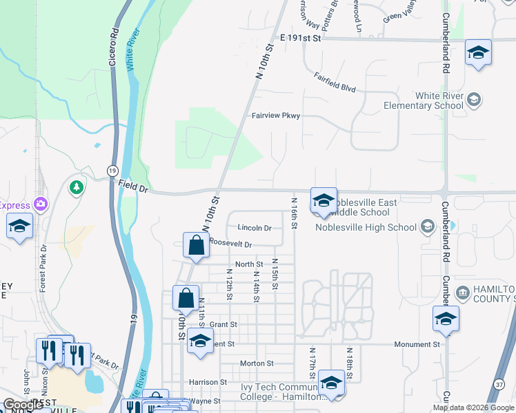 map of restaurants, bars, coffee shops, grocery stores, and more near 1380 Hamilton Drive in Noblesville