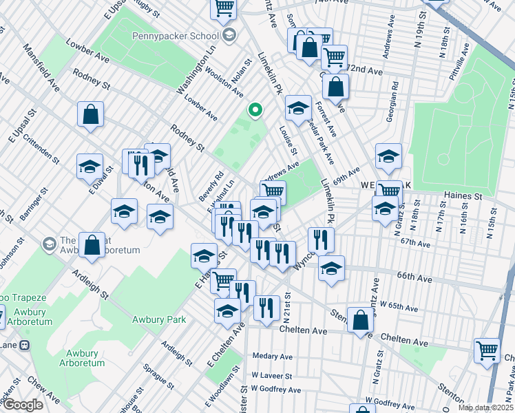 map of restaurants, bars, coffee shops, grocery stores, and more near 6951 East Wister Street in Philadelphia