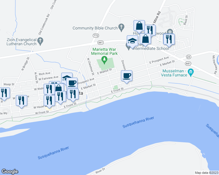 map of restaurants, bars, coffee shops, grocery stores, and more near 100 South Pine Street in Marietta