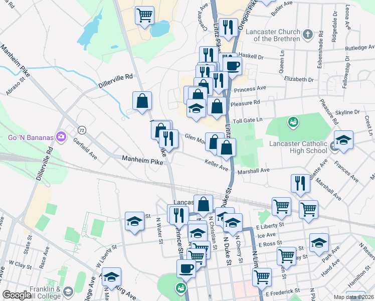 map of restaurants, bars, coffee shops, grocery stores, and more near 87 Keller Avenue in Lancaster