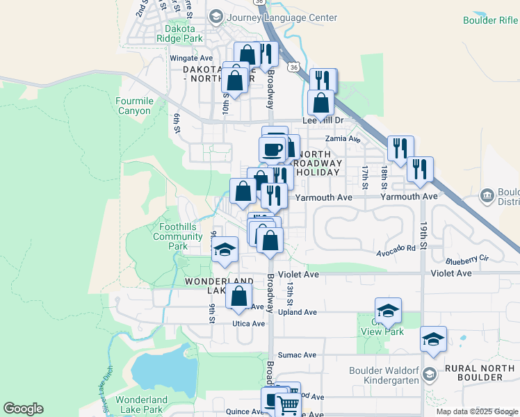 map of restaurants, bars, coffee shops, grocery stores, and more near 1025 Rosewood Avenue in Boulder