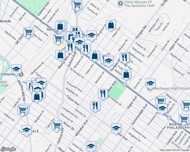 map of restaurants, bars, coffee shops, grocery stores, and more near 7217 Claridge Street in Philadelphia