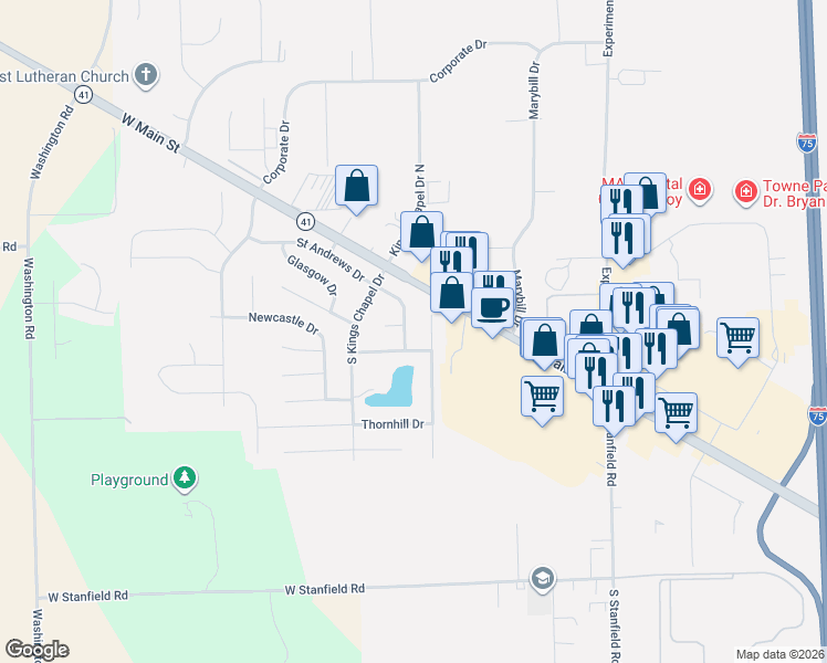 map of restaurants, bars, coffee shops, grocery stores, and more near 2404 Highland Court in Troy