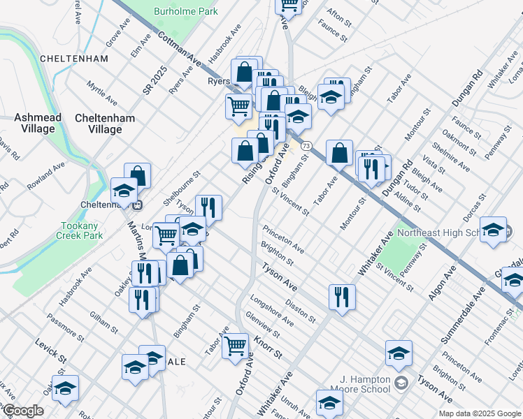 map of restaurants, bars, coffee shops, grocery stores, and more near 7105 Oxford Avenue in Philadelphia