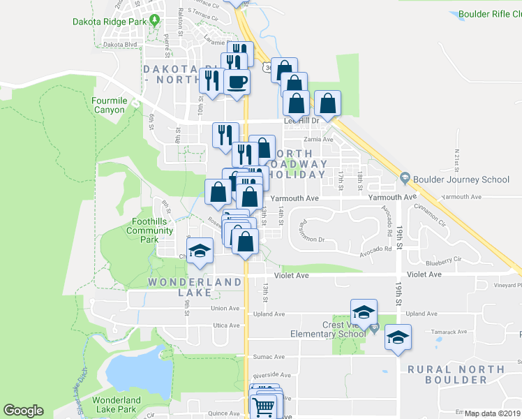 map of restaurants, bars, coffee shops, grocery stores, and more near 4570 13th Street in Boulder