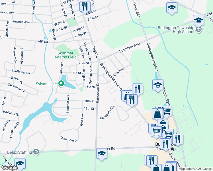 map of restaurants, bars, coffee shops, grocery stores, and more near 9 Dresser Avenue in Burlington