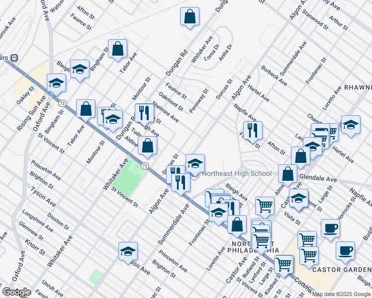map of restaurants, bars, coffee shops, grocery stores, and more near 7401 Dorcas Street in Philadelphia