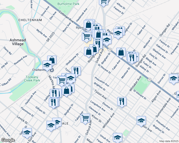 map of restaurants, bars, coffee shops, grocery stores, and more near 7103 Oxford Avenue in Philadelphia
