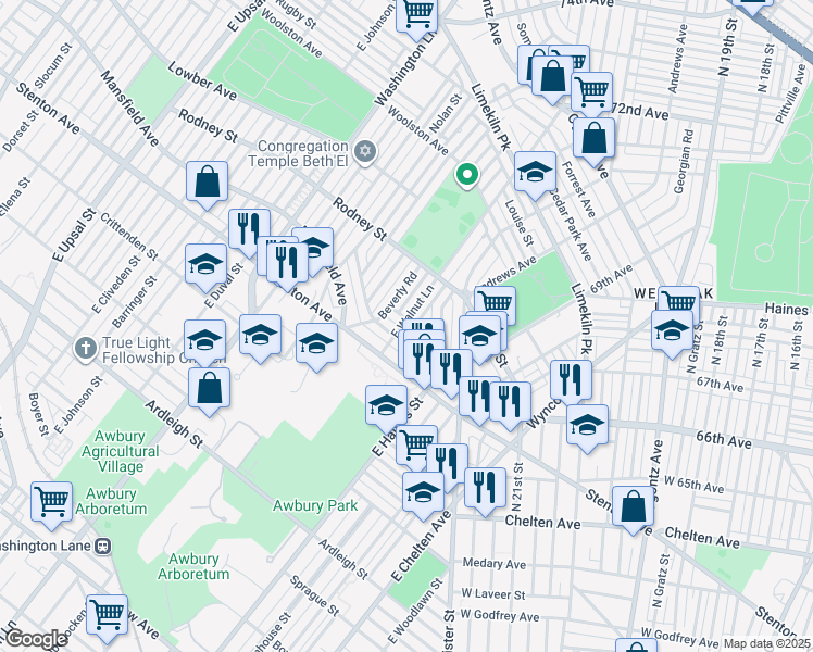 map of restaurants, bars, coffee shops, grocery stores, and more near 6624 Hollis Street in Philadelphia