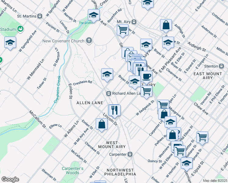 map of restaurants, bars, coffee shops, grocery stores, and more near 7207 Cresheim Road in Philadelphia