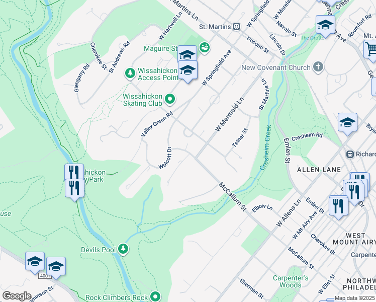 map of restaurants, bars, coffee shops, grocery stores, and more near 7700 McCallum Street in Philadelphia