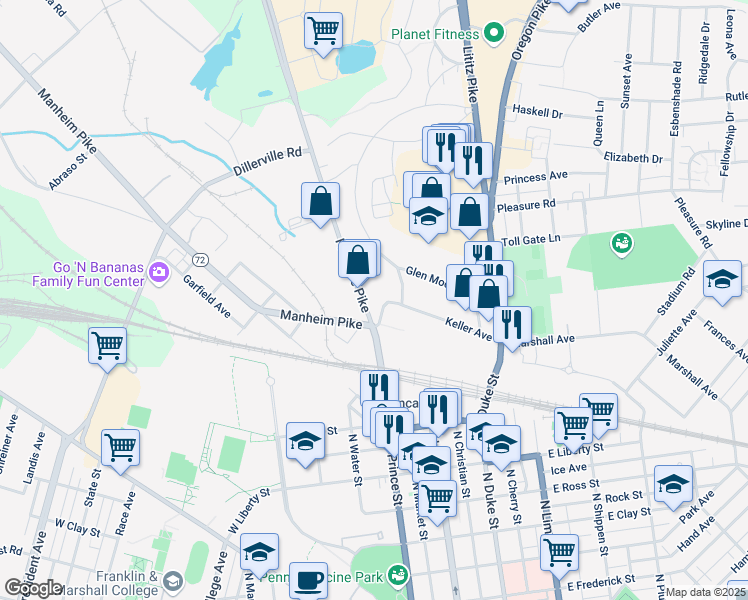 map of restaurants, bars, coffee shops, grocery stores, and more near 1325 Fruitville Pike in Lancaster
