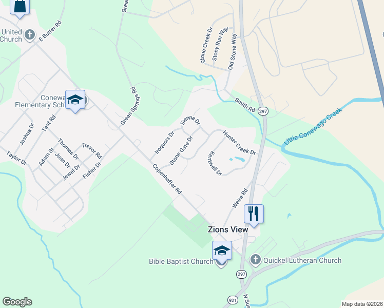 map of restaurants, bars, coffee shops, grocery stores, and more near 260 Hunter Creek Drive in York