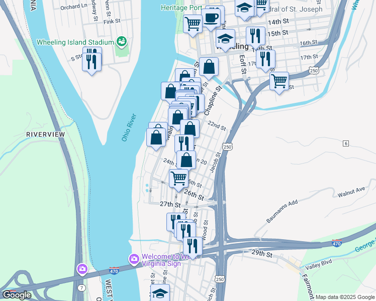 map of restaurants, bars, coffee shops, grocery stores, and more near 2314 Chapline Street in Wheeling